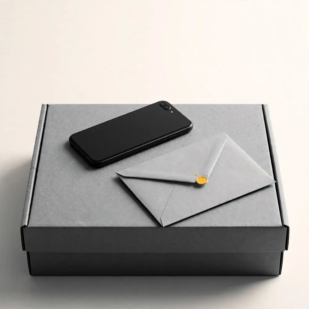 A phone and an envelope on a box
