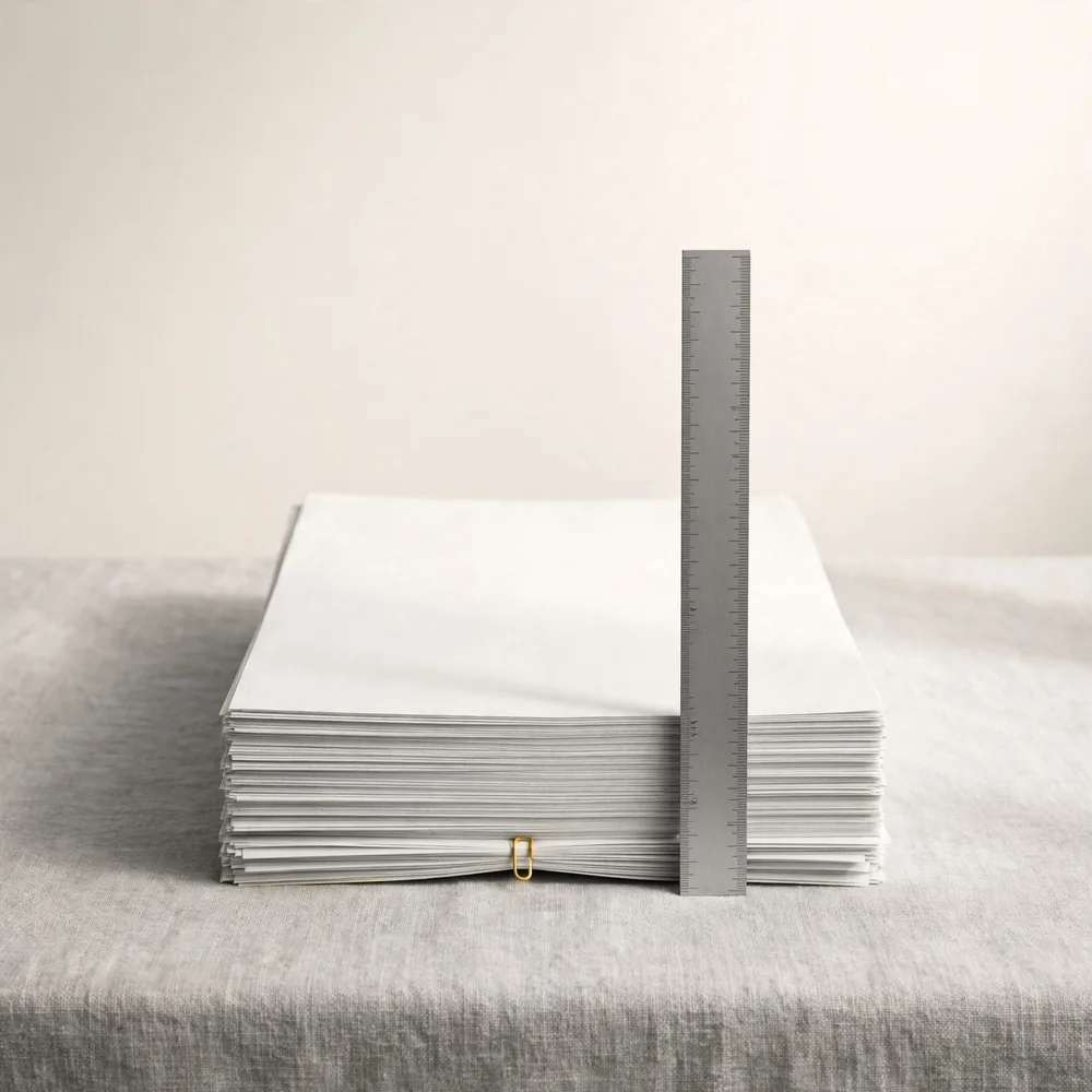 A ruler against a stack of paper