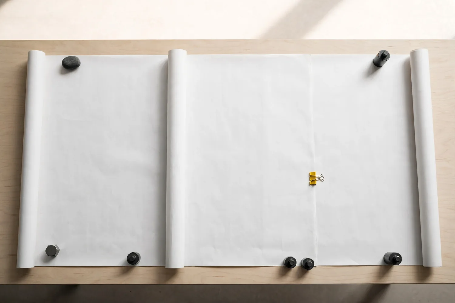 Plan sheets held flat on a table