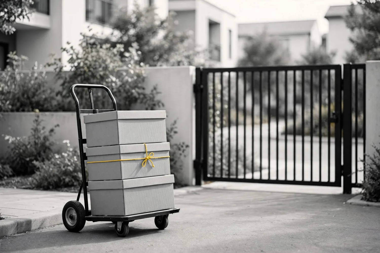 A trolley with boxes by a residential gate