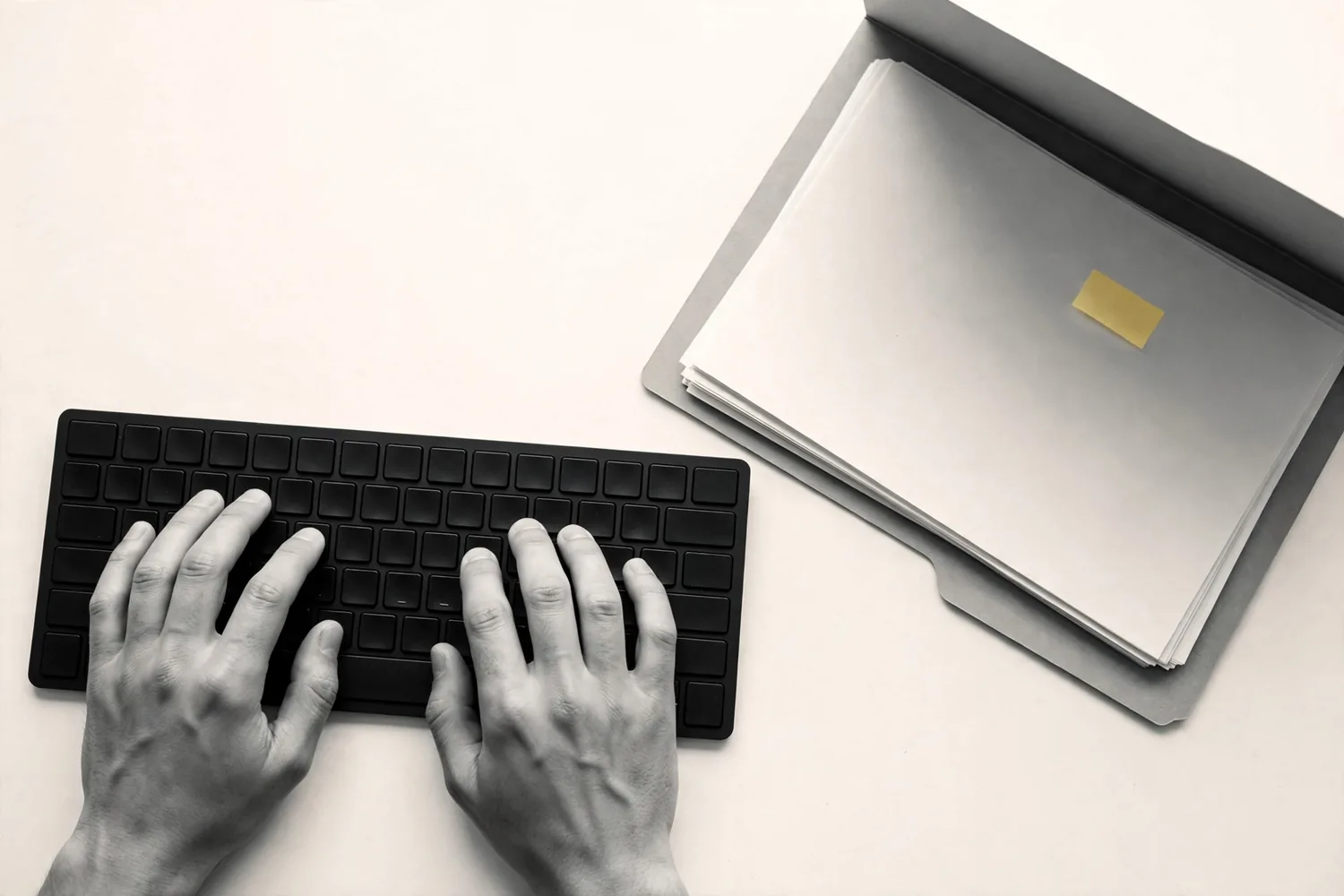 Hands typing beside a folder